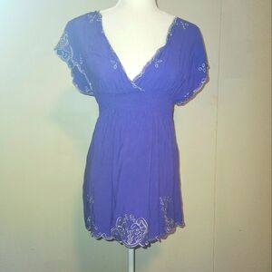 Bright Royal Purple Y2k Embroidered Boho Babydoll Tunic Top Medium M Forever 21